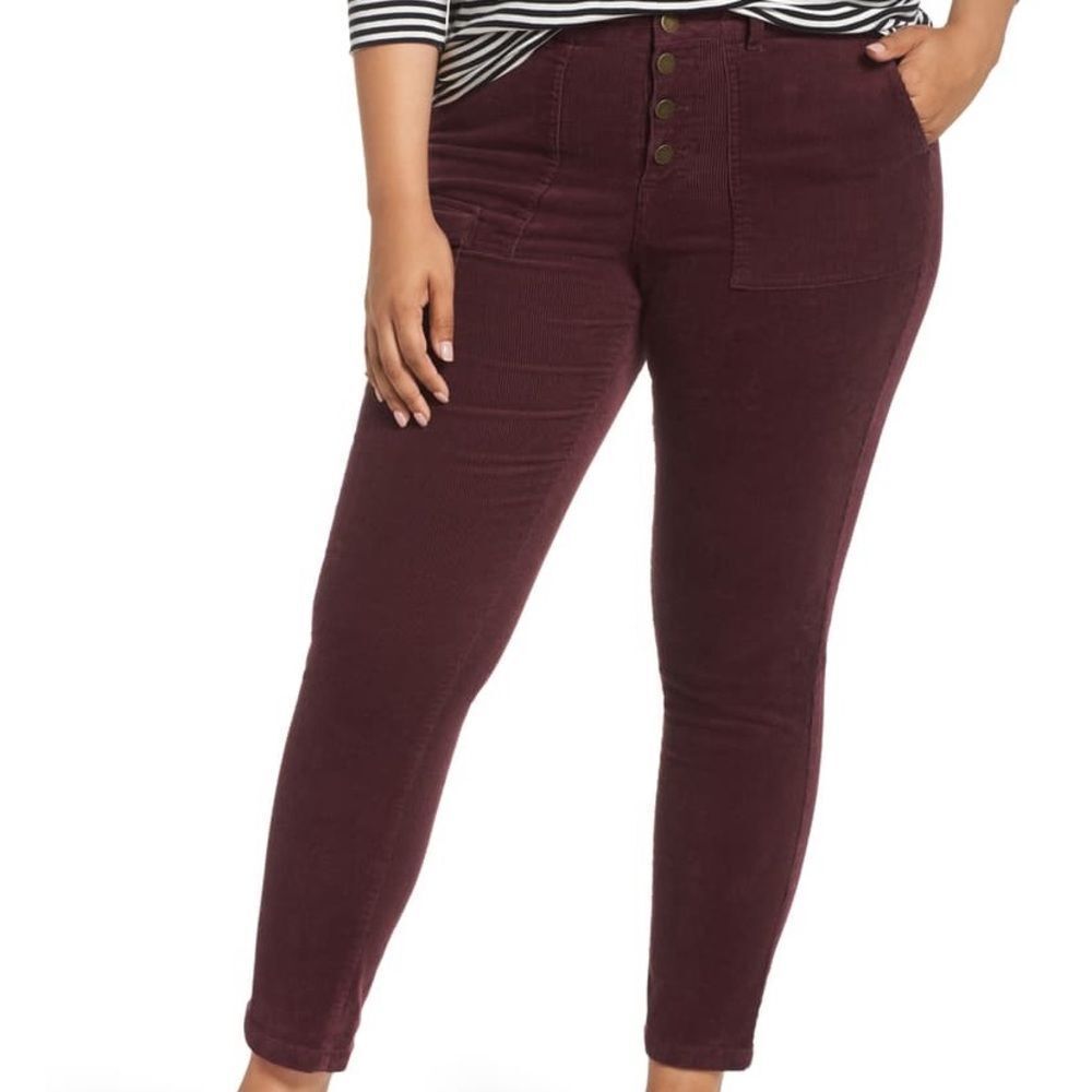 Plus High-Rise Button-Front Skinny Pants - Burgundy
